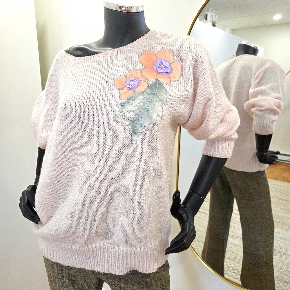 Vintage Jessica Sears Pink Floral Knit Sweater L